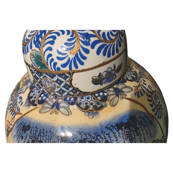 Vintage Ginger Jar Blue & White Porcelain Lid Hand-Painted Birds & Floral Motif - Picture 9 of 11